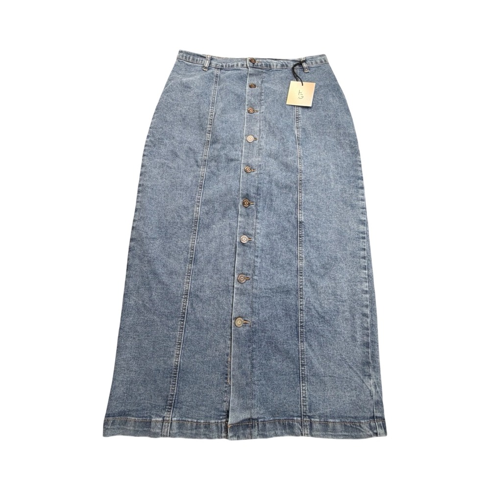 Happily Grey Skirt Womens 13/30 Blue Denim Button Front Maxi Cotton Western‎